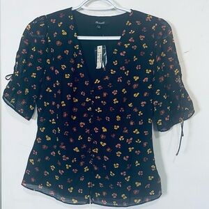 Madewell Silk Daylight Tie Sleeve Top in Feline Floral